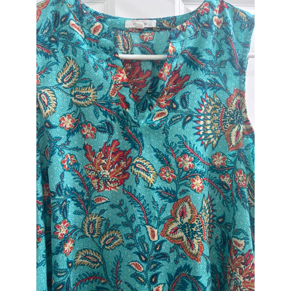 Maurices Teal Floral Paisley Sleeveless Blouse Split V-Neck Top Medium